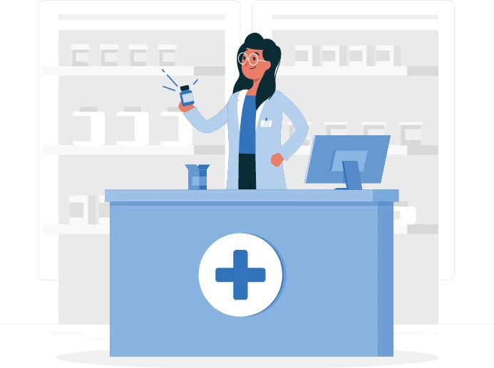 Cartoon pharmacist offering a bottle of pills over the counter.