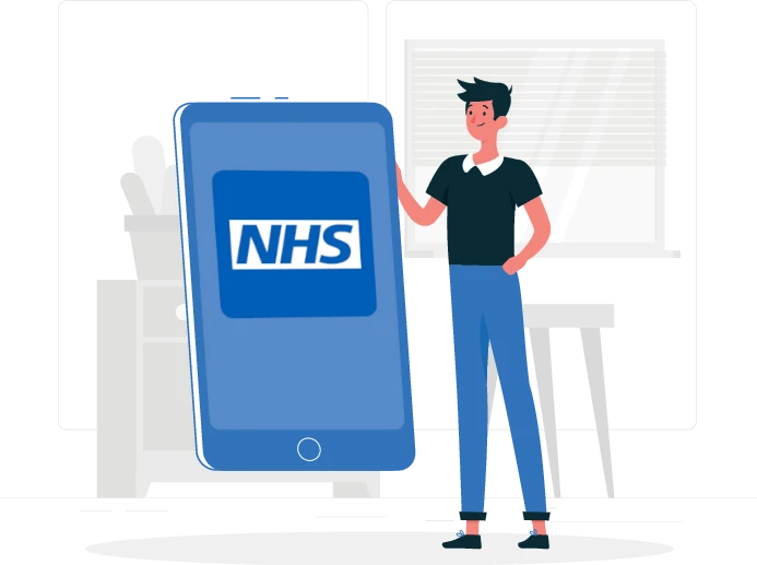 Cartoon man holding a huge mobile phone with NHS logo on the screen.