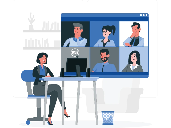 Cartoon lady in a virtual team meeting with colleagues.